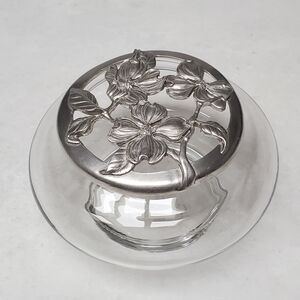 Vintage 1988 Seagull Pewter Canada Covered Glass Potpourri Dish Bowl Dogwood